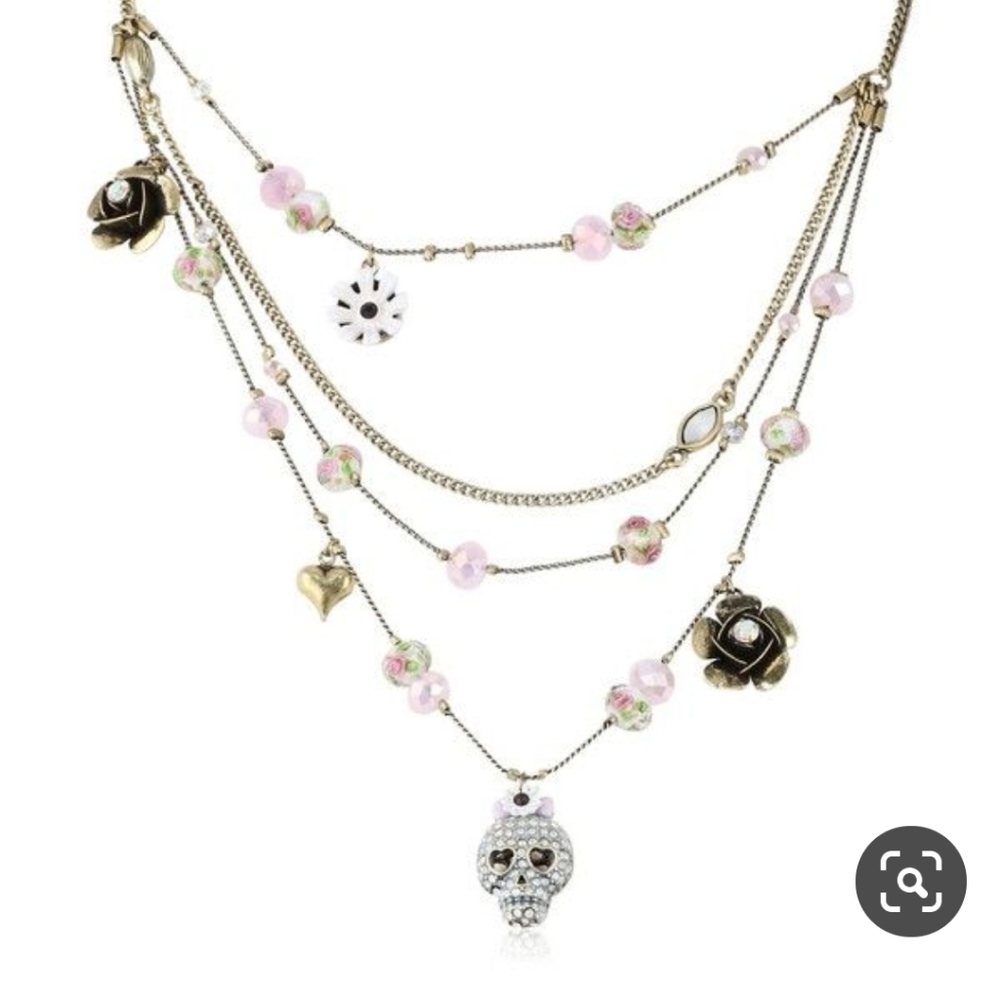 Betsey Johnson Rare Girlie Grunge Crystal Skull 3 Multi Row Ilusion Necklace